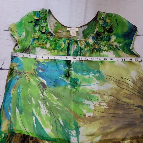 Sundance Size S 100% Silk Watercolor Floral Ruffle Hem Blouse Lined Sheer - Picture 8 of 11